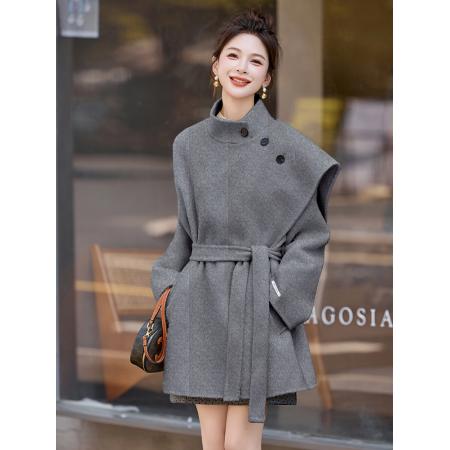 FA51478# 品质双面呢披肩双面呢大衣女秋冬新款系带收腰中长款毛呢大衣 服裝批發女裝批發服飾貨源