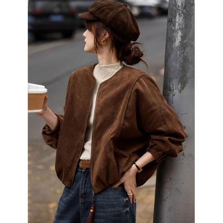 FA51480# 复古圆领麂皮棉服冬季新款女短款简约百搭外套上衣女装加厚 服裝批發女裝批發服飾貨源