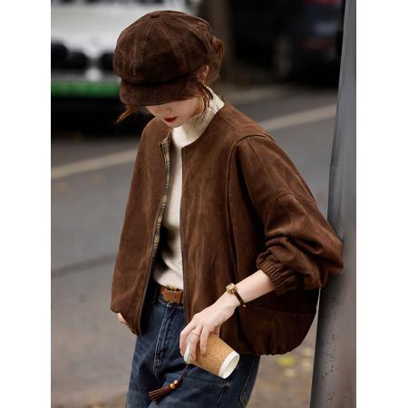 FA51480# 复古圆领麂皮棉服冬季新款女短款简约百搭外套上衣女装加厚 服裝批發女裝批發服飾貨源