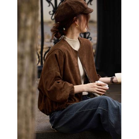 FA51480# 复古圆领麂皮棉服冬季新款女短款简约百搭外套上衣女装加厚 服裝批發女裝批發服飾貨源