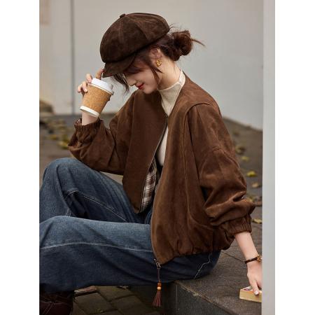 FA51480# 复古圆领麂皮棉服冬季新款女短款简约百搭外套上衣女装加厚 服裝批發女裝批發服飾貨源