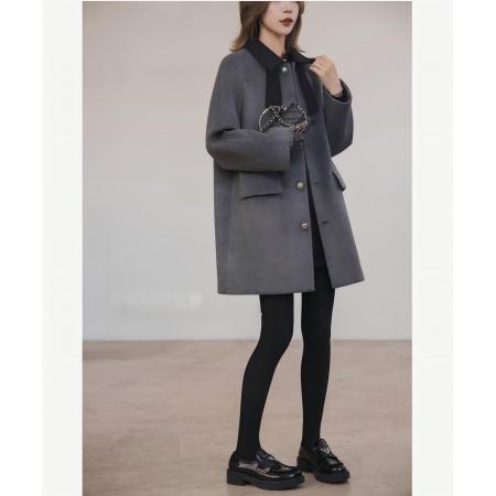FA51482# 高级感撞色毛呢中长款外套女秋冬款百搭翻领上衣百搭呢子大衣 服裝批發女裝批發服飾貨源