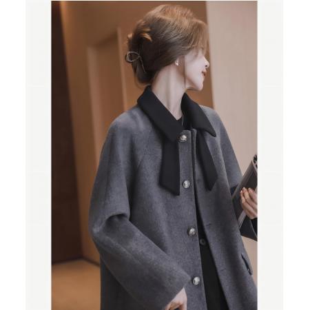 FA51482# 高级感撞色毛呢中长款外套女秋冬款百搭翻领上衣百搭呢子大衣 服裝批發女裝批發服飾貨源