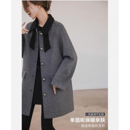 FA51482# 高级感撞色毛呢中长款外套女秋冬款百搭翻领上衣百搭呢子大衣 服裝批發女裝批發服飾貨源