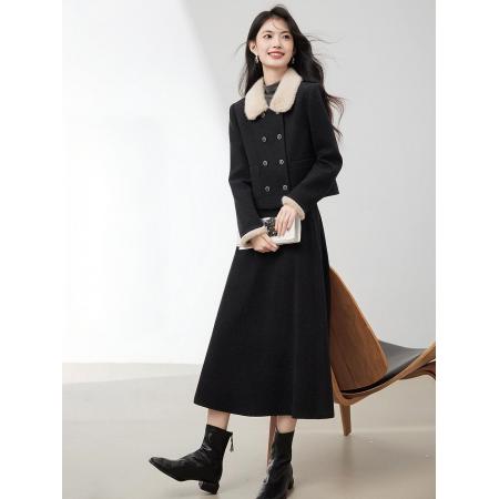 FA51484# 夹棉加厚高级感名媛毛呢半裙女秋冬新款短外套呢子两件套 服裝批發女裝批發服飾貨源