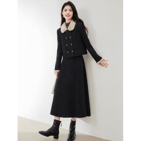 FA51484# 夹棉加厚高级感名媛毛呢半裙女秋冬新款短外套呢子两件套 服裝批發女裝批發服飾貨源