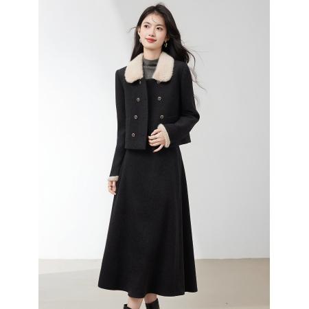 FA51484# 夹棉加厚高级感名媛毛呢半裙女秋冬新款短外套呢子两件套 服裝批發女裝批發服飾貨源