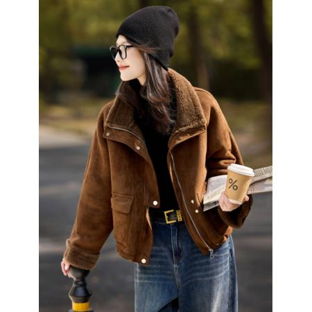 FA51485# 时尚仿皮草外套冬季新款高级百搭翻领加厚短款通勤皮草上衣 服裝批發女裝批發服飾貨源