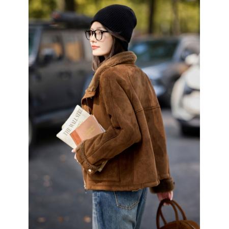 FA51485# 时尚仿皮草外套冬季新款高级百搭翻领加厚短款通勤皮草上衣 服裝批發女裝批發服飾貨源