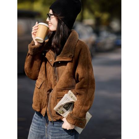 FA51485# 时尚仿皮草外套冬季新款高级百搭翻领加厚短款通勤皮草上衣 服裝批發女裝批發服飾貨源