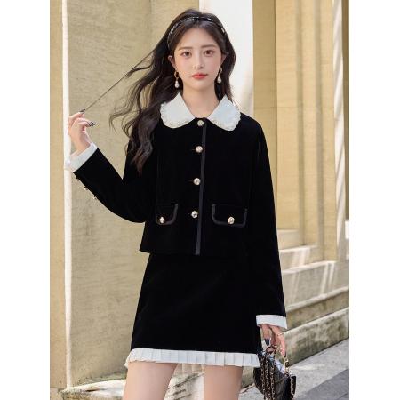 FA51486# 小香千金风黑色丝绒套装女秋新款气质珍珠娃娃领两件套 服裝批發女裝批發服飾貨源