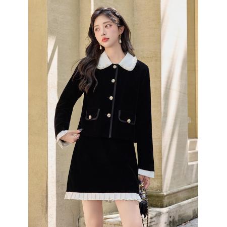 FA51486# 小香千金风黑色丝绒套装女秋新款气质珍珠娃娃领两件套 服裝批發女裝批發服飾貨源