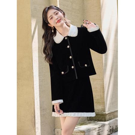 FA51486# 小香千金风黑色丝绒套装女秋新款气质珍珠娃娃领两件套 服裝批發女裝批發服飾貨源