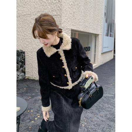 FA51487# 羊羔毛拼接小香风套装裙女秋冬新款盐系轻熟韩系半身裙两件套 服裝批發女裝批發服飾貨源