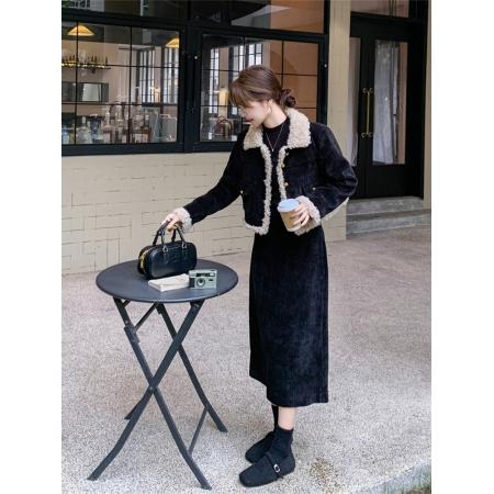 FA51487# 羊羔毛拼接小香风套装裙女秋冬新款盐系轻熟韩系半身裙两件套 服裝批發女裝批發服飾貨源