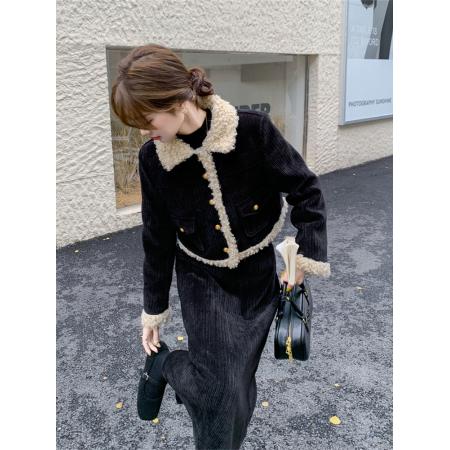 FA51487# 羊羔毛拼接小香风套装裙女秋冬新款盐系轻熟韩系半身裙两件套 服裝批發女裝批發服飾貨源