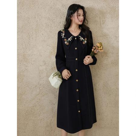 FA51489# 大码女装胖MM早秋设计感遮肉韩系中长款压线显瘦连衣裙 服裝批發女裝批發服飾貨源