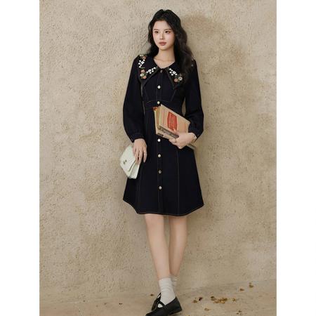 FA51489# 大码女装胖MM早秋设计感遮肉韩系中长款压线显瘦连衣裙 服裝批發女裝批發服飾貨源