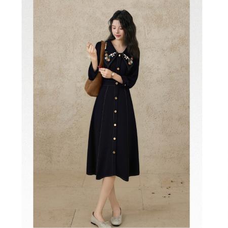 FA51489# 大码女装胖MM早秋设计感遮肉韩系中长款压线显瘦连衣裙 服裝批發女裝批發服飾貨源