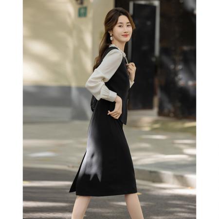 FA51490# 假两件连衣裙女秋季新款优雅轻熟拼接木耳边衣领中长裙 服裝批發女裝批發服飾貨源