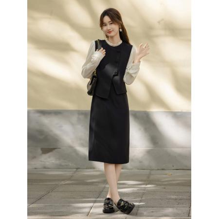 FA51490# 假两件连衣裙女秋季新款优雅轻熟拼接木耳边衣领中长裙 服裝批發女裝批發服飾貨源