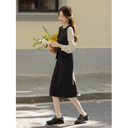 FA51490# 假两件连衣裙女秋季新款优雅轻熟拼接木耳边衣领中长裙 服裝批發女裝批發服飾貨源