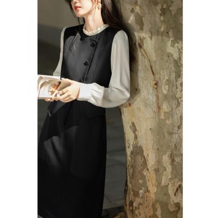 FA51490# 假两件连衣裙女秋季新款优雅轻熟拼接木耳边衣领中长裙 服裝批發女裝批發服飾貨源