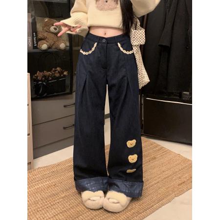 FA51492# 甜美复古棕色小熊刺绣休闲裤女秋冬季加绒翻边拼接宽松阔腿裤 服裝批發女裝批發服飾貨源