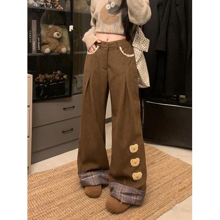 FA51492# 甜美复古棕色小熊刺绣休闲裤女秋冬季加绒翻边拼接宽松阔腿裤 服裝批發女裝批發服飾貨源