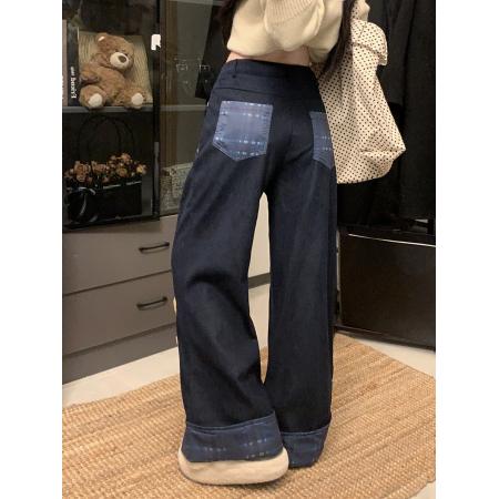 FA51492# 甜美复古棕色小熊刺绣休闲裤女秋冬季加绒翻边拼接宽松阔腿裤 服裝批發女裝批發服飾貨源