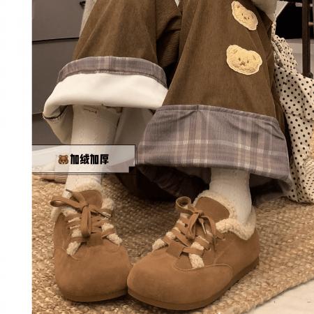 FA51492# 甜美复古棕色小熊刺绣休闲裤女秋冬季加绒翻边拼接宽松阔腿裤 服裝批發女裝批發服飾貨源