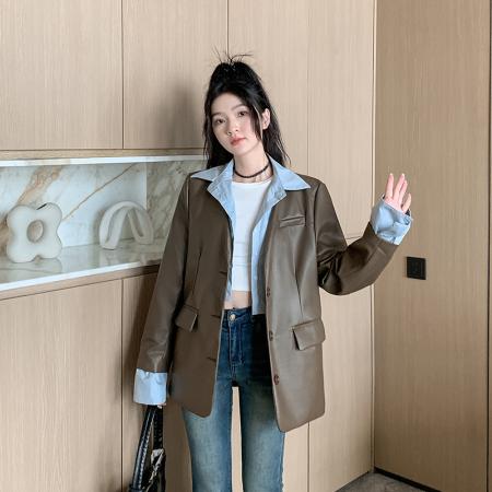 FA51495# 新款衬衫领假两件皮衣外套女春秋新款港风pu皮西装夹克 服裝批發女裝批發服飾貨源