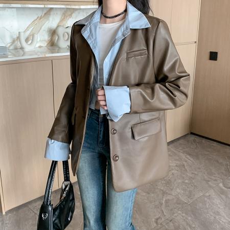 FA51495# 新款衬衫领假两件皮衣外套女春秋新款港风pu皮西装夹克 服裝批發女裝批發服飾貨源