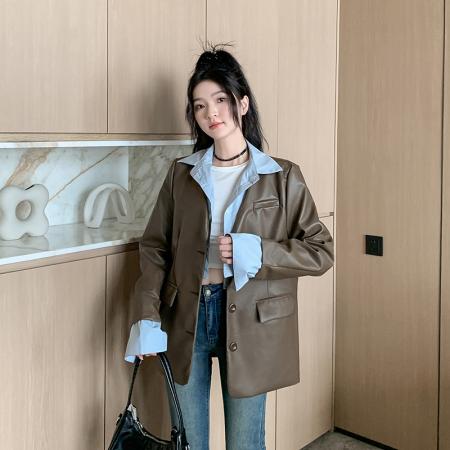 FA51495# 新款衬衫领假两件皮衣外套女春秋新款港风pu皮西装夹克 服裝批發女裝批發服飾貨源