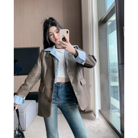 FA51495# 新款衬衫领假两件皮衣外套女春秋新款港风pu皮西装夹克 服裝批發女裝批發服飾貨源