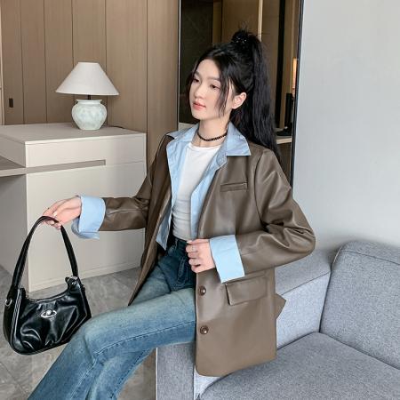 FA51495# 新款衬衫领假两件皮衣外套女春秋新款港风pu皮西装夹克 服裝批發女裝批發服飾貨源