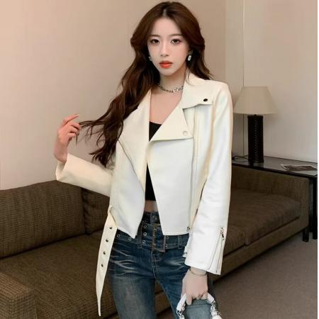 FA51497# 白色皮衣外套女港风小个子短款机车皮衣欧货爆款皮夹克 服裝批發女裝批發服飾貨源