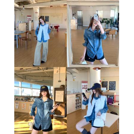 FA51498# 水洗蓝牛仔衬衫外套叠穿口袋衬衣+托卡仿皮草马甲外套 服裝批發女裝批發服飾貨源