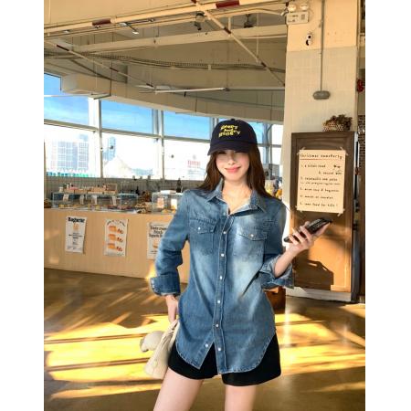 FA51498# 水洗蓝牛仔衬衫外套叠穿口袋衬衣+托卡仿皮草马甲外套 服裝批發女裝批發服飾貨源