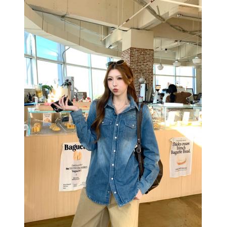 FA51498# 水洗蓝牛仔衬衫外套叠穿口袋衬衣+托卡仿皮草马甲外套 服裝批發女裝批發服飾貨源