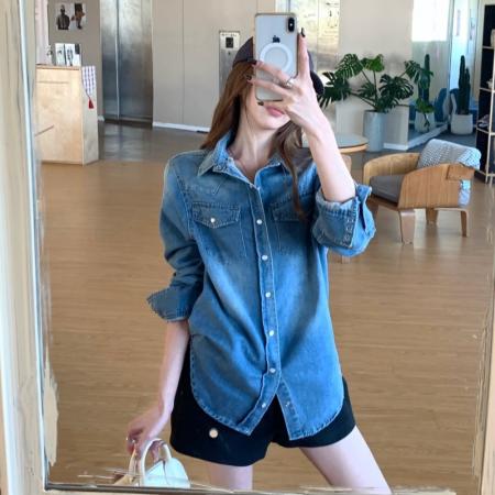 FA51498# 水洗蓝牛仔衬衫外套叠穿口袋衬衣+托卡仿皮草马甲外套 服裝批發女裝批發服飾貨源