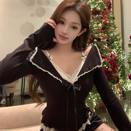 FA51501# 纯欲风蕾丝拼接假两件蝴蝶结吊带长袖冬季辣妹短款上衣 服裝批發女裝批發服飾貨源