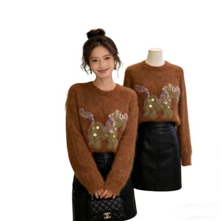 FA51502# 圣诞小马新年毛衣粗支缎染亮片苏利羊驼毛显瘦针织衫女冬 服裝批發女裝批發服飾貨源