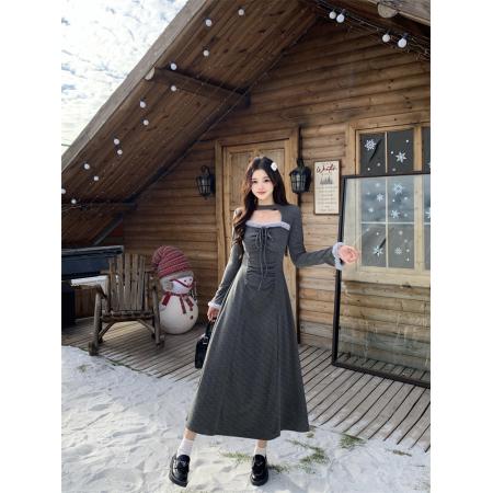 FA51504# 大码胖mm毛毛拼接长袖气质收腰连衣裙女秋冬新款 服裝批發女裝批發服飾貨源