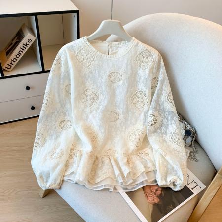 FA51506# 刺绣镂空圆领长袖衬衫女春季新款国风宽松荷叶边蕾丝衫 服裝批發女裝批發服飾貨源