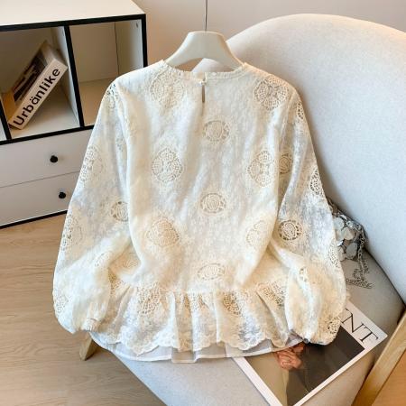 FA51506# 刺绣镂空圆领长袖衬衫女春季新款国风宽松荷叶边蕾丝衫 服裝批發女裝批發服飾貨源