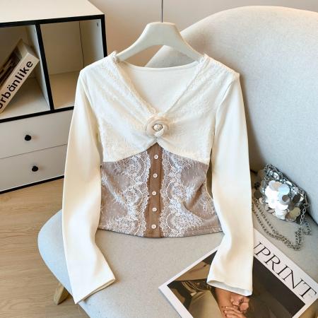 FA51507# 小香风高级感立体花朵蕾丝拼接长袖上衣女秋冬法式打底衫 服裝批發女裝批發服飾貨源