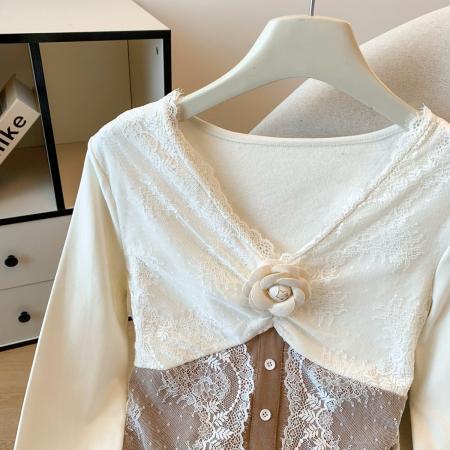 FA51507# 小香风高级感立体花朵蕾丝拼接长袖上衣女秋冬法式打底衫 服裝批發女裝批發服飾貨源