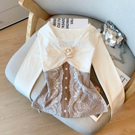 FA51507# 小香风高级感立体花朵蕾丝拼接长袖上衣女秋冬法式打底衫 服裝批發女裝批發服飾貨源