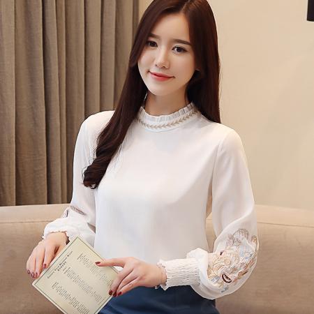 FA51508# 春装新款木耳边立领灯笼袖雪纺衫刺绣百搭打底衫女上衣 服裝批發女裝批發服飾貨源